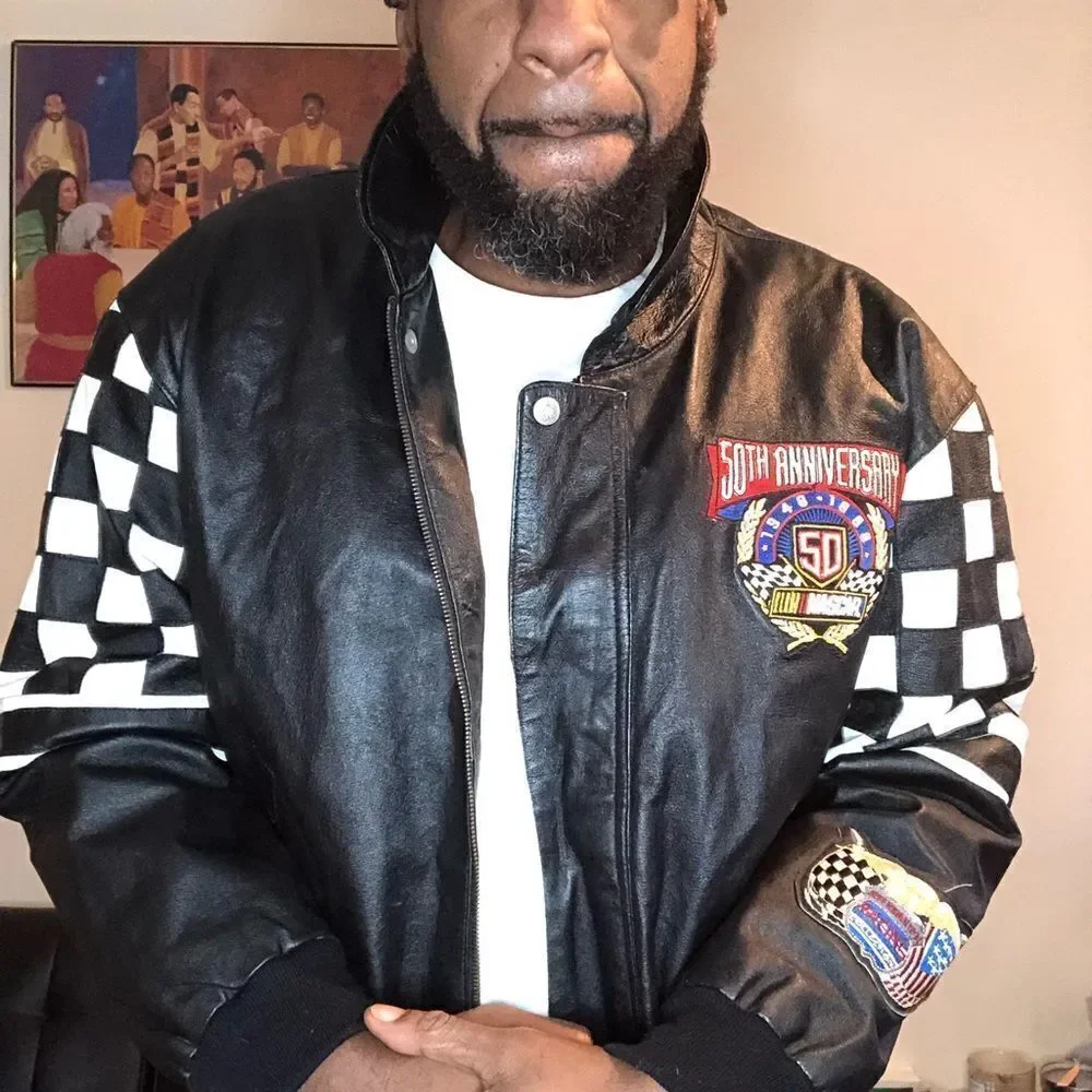 Vintage nascar leather racing jacket Jeff Hamilton checkered flag